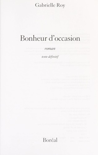 Bonheur D'occasion Roy, Gabrielle Book Cover